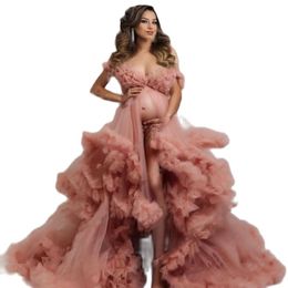 Photoshoot Robe Maternity Dress Lush Puffy Ruffles Prom Gown Open Front Off Shoulder Tulle Dressing For Baby Shower