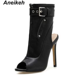 Aneikeh 2021 PU Summer Ankle Boots High Heels Women Shoes Peep Toe Sexy Lady Chelsea Party Thin Heeled Size 35-40 Y0910