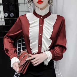 Ezgaga Shirts Women Vintage Long Sleeve Stand Collar Ruffled Button Elegant Spring Fashion Office Lady Blouse Korean Tops 210430