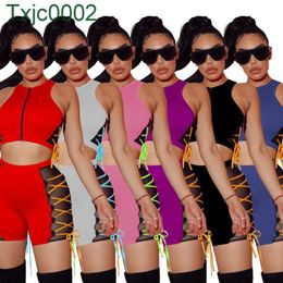 Women Tracksuits Two Pieces Set Deigner Bandage Sleeveless Vest Shorts Solid Colour 2 Piece Jogger Yoga Outfits Plus Size Sportwear