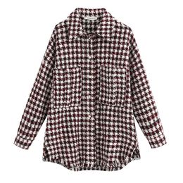 Vintage Red Plaid Tweed Blouses Women Fashion Turn-down Collar Shirts Elegant Ladies Pockets Long Sleeve Tops 210520