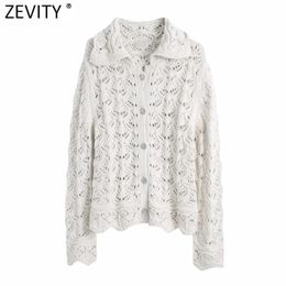 Women Fashion Turn Down Collar Hollow Out Crochet Knitting Cardigans Sweater Female Chic Diamond Buttons Casual Tops S592 210416