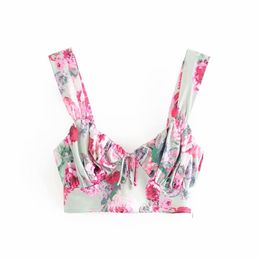 Vintage Chic Floral Print Bow Tie Camis Tops Women Fashion Side Zipper Square Collar Strap Sexy Ladies Camisole 210531