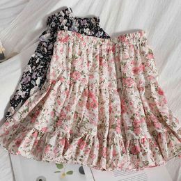 Retro cute ruffled short skirt for womens thin wild puff spring and summer Korean elastic high waist printed 210420