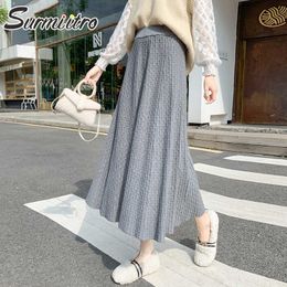 SURMIITRO Fashion Autumn Winter Knitted Midi Long Pleated Skirt Women Korean Style Mid-Length High Waist Skirt Female 210712