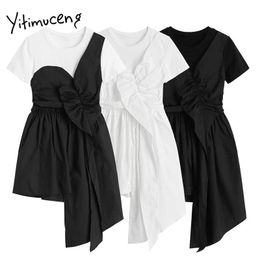 Yitimuceng Irregular Fake 2 Pieces Dresses Women Summer Ruffles High Waist O-Neck White Black Korean Fashion Sundress 210601