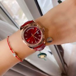 Brand Women's 33mm Watch Day-Date Quartz Battery CAL.2350 with leather Strap Fashion Wine Dial RX090104