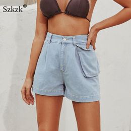 Szkzk Blue Short Straight Jeans With Pockets Women Rave Clothes 2021 Streetwear High Waist Wash Distressed Sexy Denim Shorts Women's