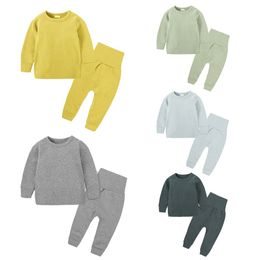 Children's Long Pant Sets Boys Cotton Thick Sleepwear High Waist Trousers Solid Crewneck Tee Sleep Suit Infant Winter Home Robes 210413