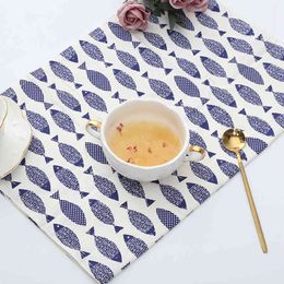 4pcs Retro Literary Kitchenware Cotton and Linen Tablecloth Deep Blue Fish Print Napkin Placemat Insulation Pad Bowl Mat