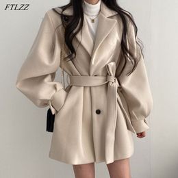 Winter Women Elegant Turn-down Collar Single Breasted Woolen Coat Vintage Slim Lantern Sleeve Solid Jacket with Belt 210423