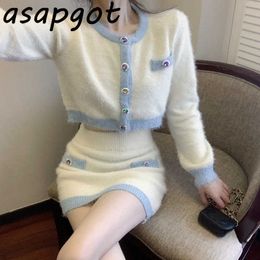 Chic Fashion Gentle O Neck Knit Cardigan Long Sleeve Single-breasted Contrast Sweaters Short Mini Skirt White Two Piece Set 210610