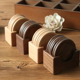 6pcs Wooden cup mats with holder box Solid wood round placemat insulation pad