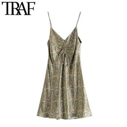 TRAF Women Chic Fashion With Bow Paisley Print Cozy Mini Dress Vintage V Neck Adjustable Straps Female Dresses Mujer 210415