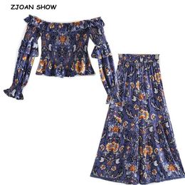 Bohemia Ruched Elastic Slash neck floral Print Long sleeve Shirt Ruffle Women Waist Wide leg Pants 2 Pieces Set 210429