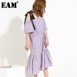 [EAM] Summer Fashion Temperament Flounced Stripe Black Lace Loose Casual Ruffles Hem Dress Double Pocket Women SM12207 21512