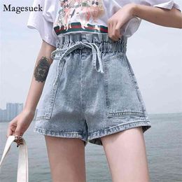 Fashion Summer Loose Shorts Women High Waist Slim Woman Wide Leg Denim Ruffles Bow Straight 9695 210512