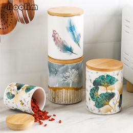 tea coffee storage containers UK - Storage Bottles & Jars Nordic Ceramic Sealed Coffee Beans Dried Fruit Tank Portable Tea Caddy With Wooden Lid Kitchen Container