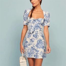 Summer Vintage Dress Elegant Mini Beach Female Short Backless es Blue Flower Boho Vestidos 210427