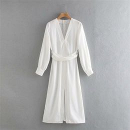 Summer Women White Dress Long Sleeve V-Neck Sashes Bow Tie Midi es Female Elegant Party Slim Clothes vestidos 210513