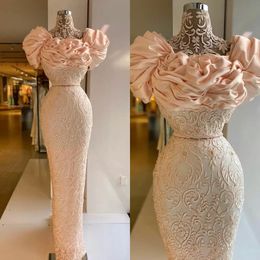 Elegant Sheath Evening Dresses Lace Appliques High Neck Ruffle Cap Sleeve Prom Gowns vestido de novia CG001