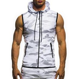 -Homens de verão hoodies ginásio fitness camuflagem malha zip up sem mangas camisola com capuz