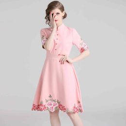 High Quality Summer Dress Women's Floral Embroidery Pink Short Sleeve Party Fashion Casual Vestidos 210520