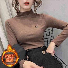 Brushed Sanding T shirt Tee Women Solid Turtleneck Cotton Tops Stretchy Long Sleeve Autumn Winter T-shirt Bottoming T9N392 210421