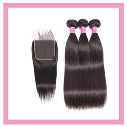 Indian Straight Human Hair Wefts 4 Pieces/lot Bundles With 6X6 Lace Closure Natural Color 8-28inch Free Three Middle Part