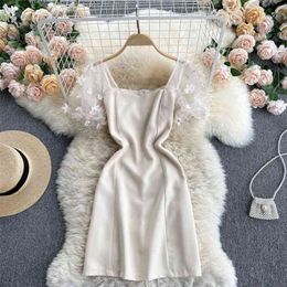 Women Fashion Summer Square Neck Mesh Long Sleeve Slim Short Sweet A-line Dress Elegant Clothes Vestidos S252 210527