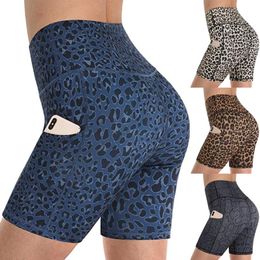 Women Leopard Print Shorts Sports Womens Workout Scrunch Booty Gym High Waist Pockets Leggings Femme 2021 Women's