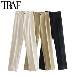 TRAF Women Chic Fashion Side Pockets Straight Pants Vintage High Waist Zipper Fly Female Trousers Mujer 210415