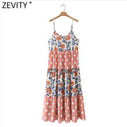 Zevity Women Fashion Polka Dot Patchwork Flower Print Sling Midi Dress Female Chic V Neck Casual A Line Summer Vestidos DS8132 210603