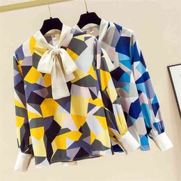 Autumn Geometric Color Matching Printed Lace-up Shirt Female Design Sense Niche Chiffon Long-sleeved Women GX1413 210506
