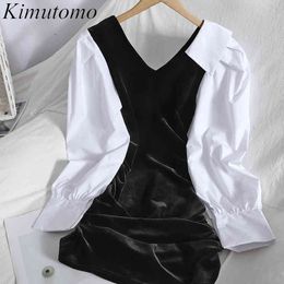 Kimutomo Elegant Patchwork Mini Dress Women Contrast Color Panelled V-neck Slim Puff Sleeve Velvet Sexy Bodycon Spring 210521