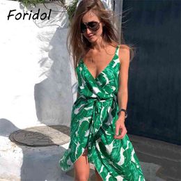 Foridol Sleeveless Leaf Print Boho Summer Long Dress Casual Side Slit V Neck Beach Maxi Dress Women Vintage Holiday Dress 210415