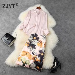 Spring Designers Bow Tie Blouse and Print Pencil Skirt Suit Women Office Lady 2 Piece Matching Sets Party Twinset 210601