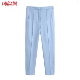 Tangada Women Chic Fashion Blue Suit Pants Vintage High Waist Zipper Fly Female Trousers Mujer BE93 210609