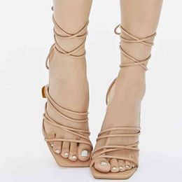 Sandals Summer Women Nkle Cross Belt High Heels Shoes Fashion Solid Colour Leather Wine Glass Strap Woman Sandals 220121