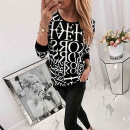 Letters Print Women's T Shirt Casual O Neck Long Sleeve Pullovers White Black Tops Autumn Tees Female Loose T-Shirts Streetwear 210507