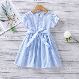 Summer Dress Children's Clothes Girl Casual Striped Belt Short-sleeved For 2-6 Years Old 210515