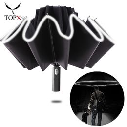 Windproof Reverse Folding Automatic Rain Umbrella Men Women 3Folding Rain Umbrella 10 Ribs Reflective Stripe Portable Parasol 210925
