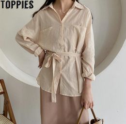 Toppies Women Cotton Linen Shirts Women Blouses Tops Long Sleeve korean white shirts lace-up sashes tops 210412