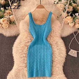 Women Vintage Dress Summer Sleeveless Slim Bodycon Knitted Dresses Vestidos Ladies Square Collar Party Robe Club Wear 210525