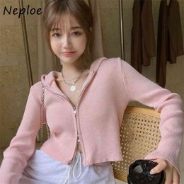 Hooded Long Sleeve Zipper Knit Cardigans Sweater Women Spring Slim Fit Short Pull Femme Coat Sueter 210422