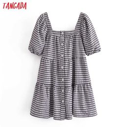 Tangada Summer Women Plaid Print Beach Dress Puff Short Sleeve Ladies Mini Dress Vestidos 3H252 210609