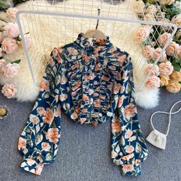 SINGREINY French Floral Blouse Women Spring O Neck Puff Sleeve Loose Ruffle Tops Chiffon Boho Print Streetwear Blouses 210419