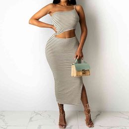 Summer Bodycon Dress Women Sexy Club Hollow Out One Shoulder Striped Party Dresses 210521