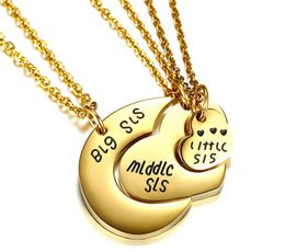 Gold Stainless Steel Sister Pendant necklace Heart Shape Matching 3 Piece BFF Family Friend Necklaces For Teens Girls