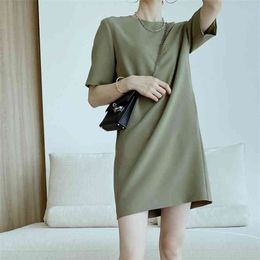 Summer Short Sleeve T-shirts Dress Side Pockets Casual Mini Woman Solid Colour 210421